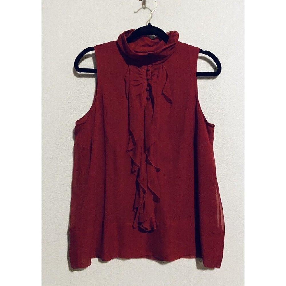 Saks Fifth Avenue Top Womens 12 Red Silk Sleeveless Ruffle Button Front Flowy